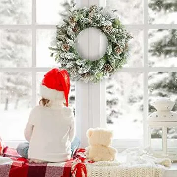 Umart 24 Inch Christmas Wreath, Flocked Pine Cones Wreaths, Outdoor Christmas Wreaths Decorated with Lambs Ear&Berry Clusters, Holiday Front Door Winter Wreath, Snowy Christmas Wreaths for Front Door