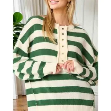 InterNos Women's Long Sleeve Striped Pullover Sweater Button Down Henley Style Knit Sweatshirt Jumper Tops(0951-Green-S)