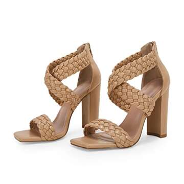 Ermonn Braided Sandals for Women High Heels Crisscross Strappy Chunky Block Square Open Toe Fashion Sandal
