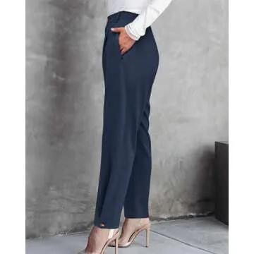 BTFBM Women's 2024 Casual Button Down Pants Elastic High Waist Business Work Trousers Long Sweat Pants Tapered Slacks(Solid Dark Blue, Large)