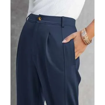 BTFBM Women's 2024 Casual Button Down Pants Elastic High Waist Business Work Trousers Long Sweat Pants Tapered Slacks(Solid Dark Blue, Large)