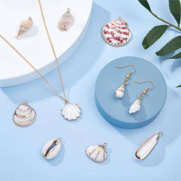 SUNNYCLUE 1 Box 20pcs 10 Styles Natural White Cowrie Seashells Charm Conch Shells Plated Charms Summer Ocean Sea Charm for Jewelry Making Charm Necklace Bracelet Earring Making