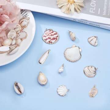 SUNNYCLUE 1 Box 20pcs 10 Styles Natural White Cowrie Seashells Charm Conch Shells Plated Charms Summer Ocean Sea Charm for Jewelry Making Charm Necklace Bracelet Earring Making