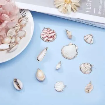 SUNNYCLUE 1 Box 20pcs 10 Styles Natural White Cowrie Seashells Charm Conch Shells Plated Charms Summer Ocean Sea Charm for Jewelry Making Charm Necklace Bracelet Earring Making