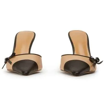 Riekhany Heeled Mules for Women Two Tone Pointed Toe Pumps Slip On Bow Tie Heels Nude