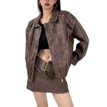 Chouyatou Women's Fall Distressed Faux Leather Bomber Jacket - Stylish Oversized Fit (Large, Brown)