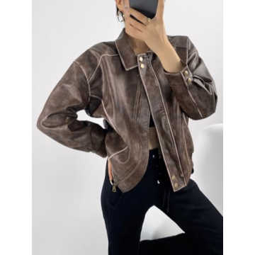 Chouyatou Women's Distressed Faux Leather Bomber Jacket