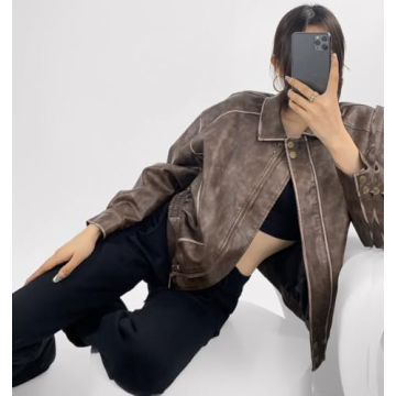 Chouyatou Women's Distressed Faux Leather Bomber Jacket