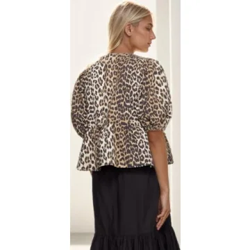 Fashionable Dynict Leopard Print Puff Sleeve Top for Women