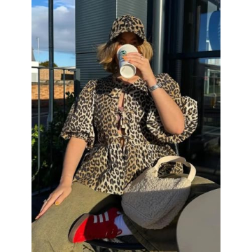 Fashionable Dynict Leopard Print Puff Sleeve Top for Women