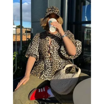 Fashionable Dynict Leopard Print Puff Sleeve Top for Women