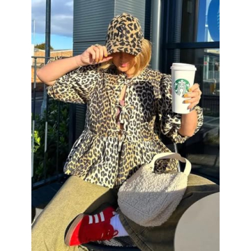 Fashionable Dynict Leopard Print Puff Sleeve Top for Women