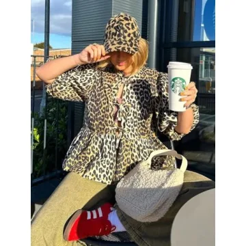 Fashionable Dynict Leopard Print Puff Sleeve Top for Women