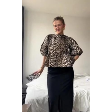 Fashionable Dynict Leopard Print Puff Sleeve Top for Women