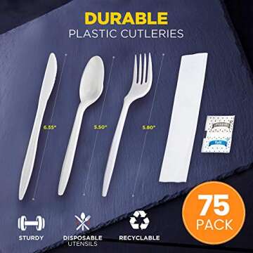 Fit Meal Prep 75 Pack Individually Wrapped Utensils - Prepackaged White Plastic Cutlery Set with Disposable Spoon, Fork, Knife, Napkin, Salt and Pepper Packets - Prewrapped to Go Silverware Utensil