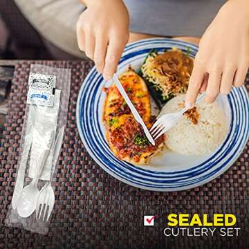 Fit Meal Prep 75 Pack Individually Wrapped Utensils - Prepackaged White Plastic Cutlery Set with Disposable Spoon, Fork, Knife, Napkin, Salt and Pepper Packets - Prewrapped to Go Silverware Utensil