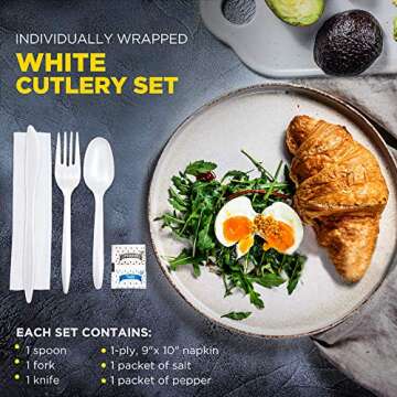 Fit Meal Prep 75 Pack Individually Wrapped Utensils - Prepackaged White Plastic Cutlery Set with Disposable Spoon, Fork, Knife, Napkin, Salt and Pepper Packets - Prewrapped to Go Silverware Utensil