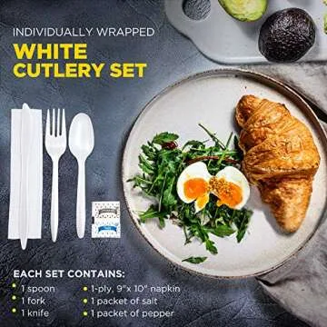 Fit Meal Prep 75 Pack Individually Wrapped Utensils - Prepackaged White Plastic Cutlery Set with Disposable Spoon, Fork, Knife, Napkin, Salt and Pepper Packets - Prewrapped to Go Silverware Utensil