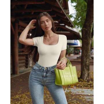 OQQ Women's 2 Piece Bodysuits Sexy Ribbed One Piece Square Neck Short Sleeve Bodysuits Black Beige