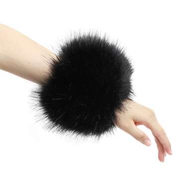LA CARRIE Women's Leopard Print Faux Fur Wrist Cuffs,Winter Fox Furry Bands Arm Warmer (Black)