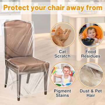 PAMASE 4 Pack Plastic Dining Chair Protectors with Backrests - Waterproof Thickened PVC Seat Covers Removable Washable Slipcover Keeping Chair Away from Water Dust Pet Hair Paws Claws