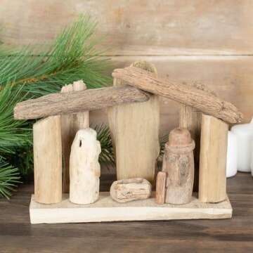 Natural Driftwood Nativity Display | Rustic Christmas Holiday Decoration (7-1/2" W x 5-1/2" H)