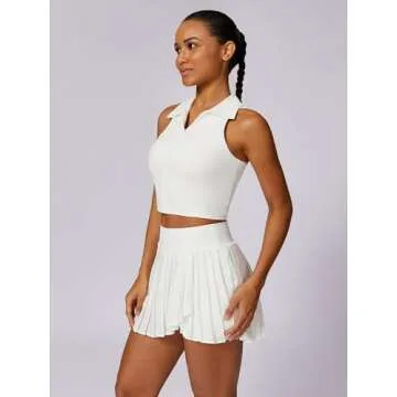 ABOCIW Womens Pleated Tennis Skirts Sleeveless V Neck Collar Racerback Workout Crop Tank Tops Sports Bra Golf Skorts Skirts Outfits #1 White Small