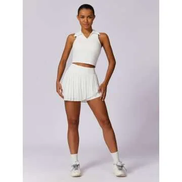 ABOCIW Womens Pleated Tennis Skirts Sleeveless V Neck Collar Racerback Workout Crop Tank Tops Sports Bra Golf Skorts Skirts Outfits #1 White Small