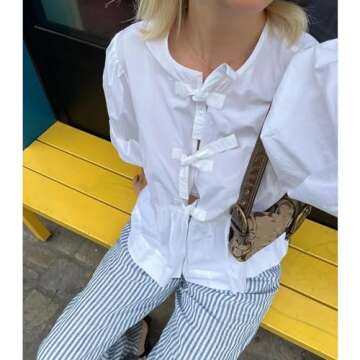 Tie Front Tops Women Y2k Leopard Print Peplum Babydoll Top 3/4 Length Puff Sleeve Coquette Tops Cute...