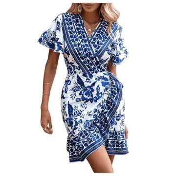 WDIRARA Women's Summer Casual Boho Floral Print Short Sleeve Wrap V Neck Ruffle Hem A Line Dress Blue and White S
