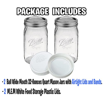 Wide Mouth Mason Jars 32 oz - 2 Pack - Durable Food Storage