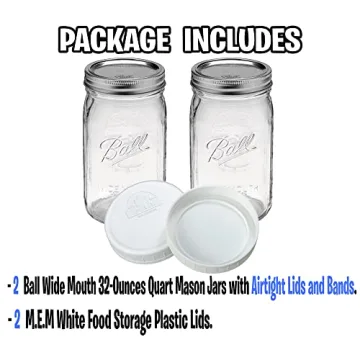 Wide Mouth Mason Jars 32 oz - 2 Pack - Durable Food Storage