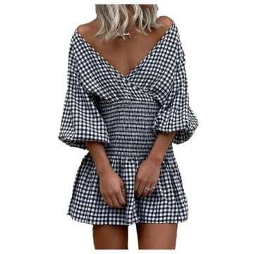 SOLY HUX Women's Plaid Dress V Neck Wrap Bishop Half Sleeve Shirred Summer Short Dresses Black and White Plaid Large