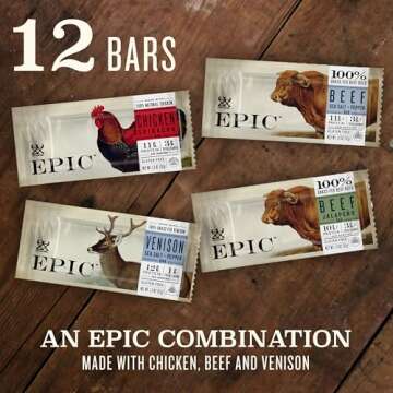 Epic Provisions Protein Bars Variety Pack, Venison, Chicken, and Beef Flavors, Keto and Paleo Friend...