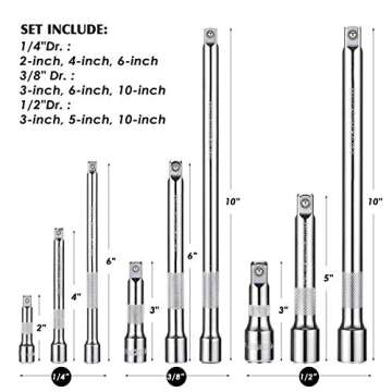 MIXPOWER 9-Piece Extension Bar Set, 1/4", 3/8" and 1/2" Drive Socket Extension Bar, CR-V, Mirror Finish