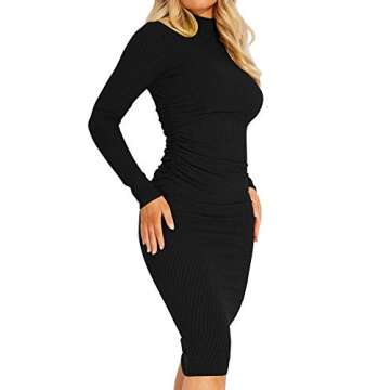 Kaximil Women's Ribbed Basic Casual Midi Dress Long Sleeve Bodycon Ruched Club Dresses, Large, Black