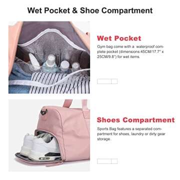 Sports Gym Bag Tote Bag for Women, Travel Duffel Bag with Shoes Compartment & Wet Pocket, Shoulder Weekender Overnight Bag,Pink