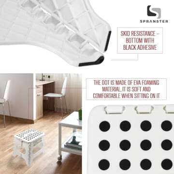 Spranster Super Strong Folding Step Stool - 11" - Sturdy Enough to Hold 300 Lb - Lightweight Foldable Step Stool for Adults and Kids - Opens with one Flip - Great for Kitchen, Bathroom and Bedroom