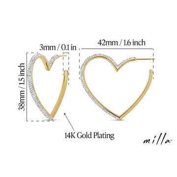 MILLA Heart Hoop Earrings - Silver & Gold Heart Earrings For Women, Ideal Gifts for Girlfriend or Cute Valentines Day Gifts For Her (14K Gold Plated)