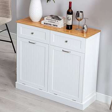 Double Tilt Out Trash Cabinet 20 Gallon, Freestanding Wooden Kitchen Trash Recycling Cabinet with Dr...