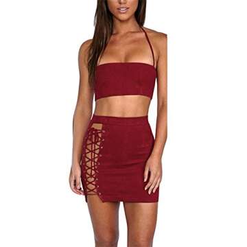 Antopmen Women Sexy Spaghetti Strap Crop Top Side Lace Up Skirt Outfit Two Piece Bodycon Bandage Dress (Small, WineRed)