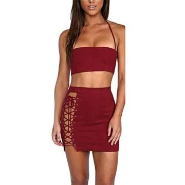 Antopmen Women Sexy Spaghetti Strap Crop Top Side Lace Up Skirt Outfit Two Piece Bodycon Bandage Dress (Small, WineRed)