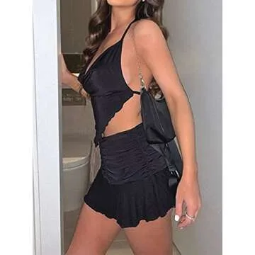 Remidoo Women's 2 Piece Outfit Halter Cami Crop Top and Ruched Ruffle Mini Skirt Set Black Small