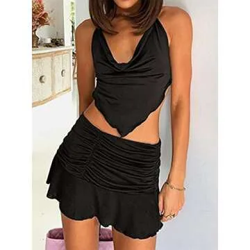 Remidoo Women's 2 Piece Outfit Halter Cami Crop Top and Ruched Ruffle Mini Skirt Set Black Small