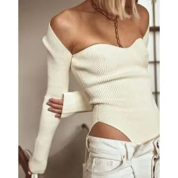 Women Sexy Square Neck Ribbed Knitted Sweater Long Sleeve Slim Fitted Basic Pullover Tops White