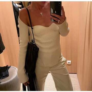 Women Sexy Square Neck Ribbed Knitted Sweater Long Sleeve Slim Fitted Basic Pullover Tops White