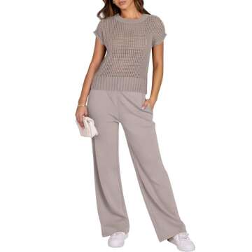ANRABESS Women Two Piece Outfits Crochet Sheer Knit Sweater Top Wide Leg Pants Lounge Matching Sets Sweatsuit Travel Clothes light khaki Small