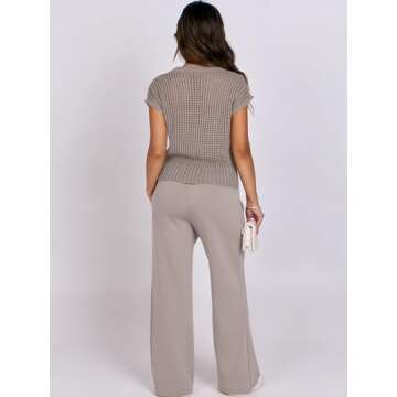 ANRABESS Women Two Piece Outfits Crochet Sheer Knit Sweater Top Wide Leg Pants Lounge Matching Sets Sweatsuit Travel Clothes light khaki Small