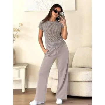 ANRABESS Women Two Piece Outfits Crochet Sheer Knit Sweater Top Wide Leg Pants Lounge Matching Sets Sweatsuit Travel Clothes light khaki Small