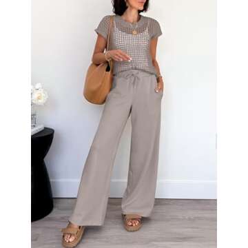 ANRABESS Women Two Piece Outfits Crochet Sheer Knit Sweater Top Wide Leg Pants Lounge Matching Sets Sweatsuit Travel Clothes light khaki Small